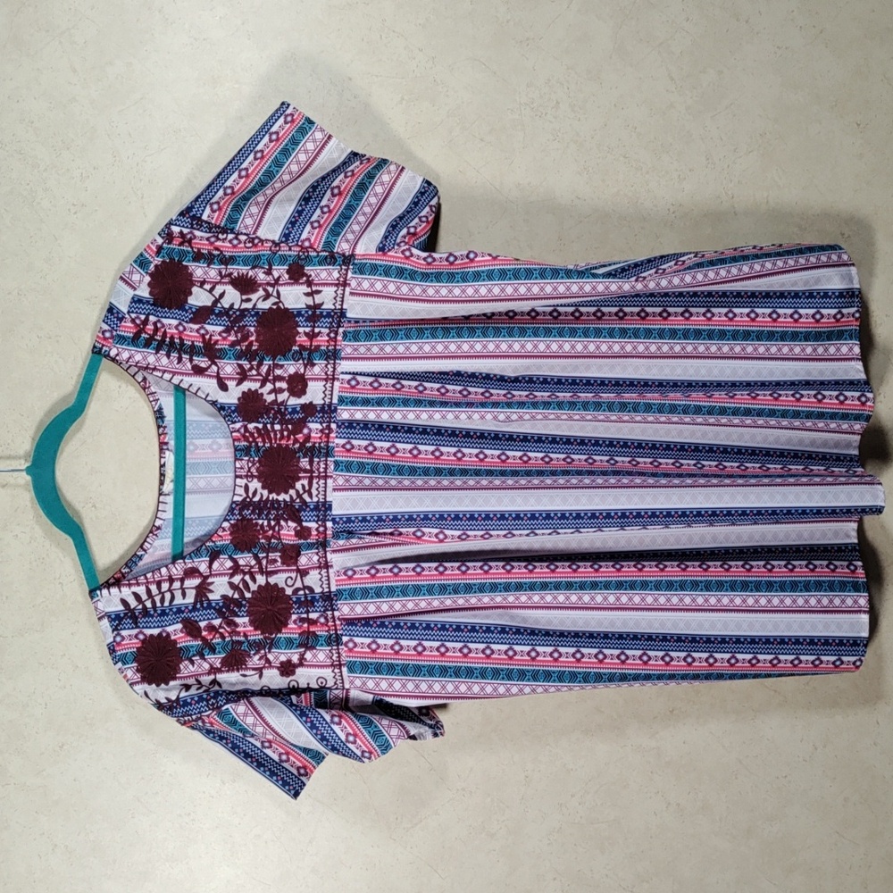 6113 Layerz blue & red striped S/S embroidered blouse XL